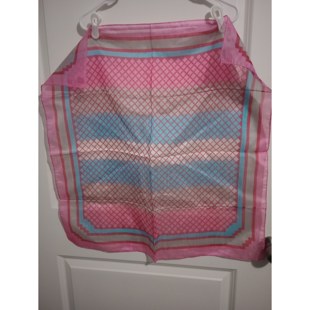 Vintage Mod Geometric Sheer Scarf Pink Aqua Rayon Nylon 26" Square Made in Japan